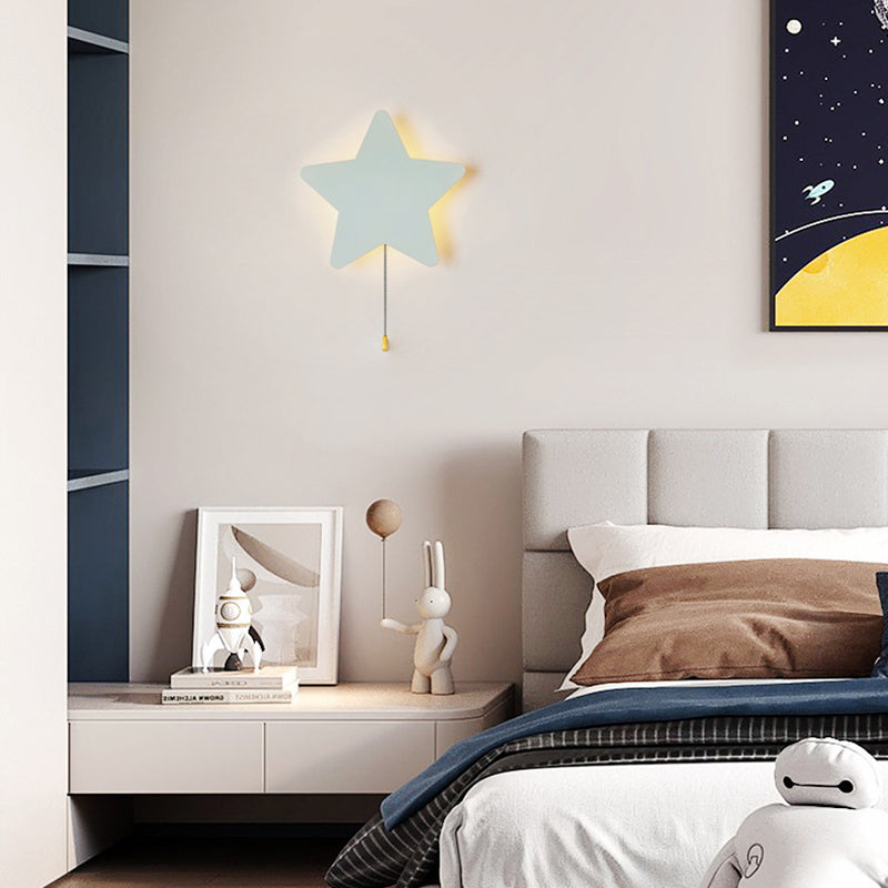 Contemporary Creative Battery Kids Iron Cloud Star Animal Cartoon Pull Chain LED Wall Sconce Lamp For Bedside