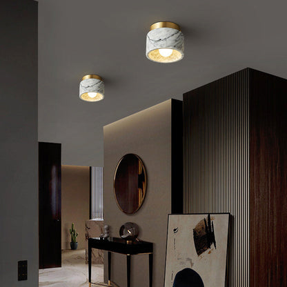 Contemporary Nordic Marble Metal Glass Cylinder Round 1-Light Semi-Flush Mount Ceiling Light For Hallway