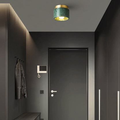 Contemporary Nordic Marble Metal Glass Cylinder Round 1-Light Semi-Flush Mount Ceiling Light For Hallway