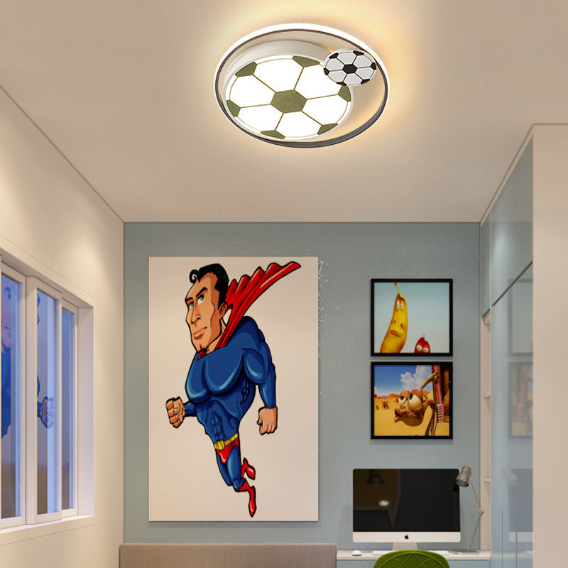 Contemporary Creative Kids Soccer Sport Round Iron Acrylic LED Flush Mount Ceiling Light For Bedroom