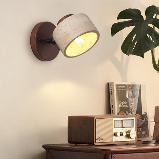 Traditional Japanese Round Travertine Wood Rotatable 1-Light Wall Sconce Lamp For Bedside