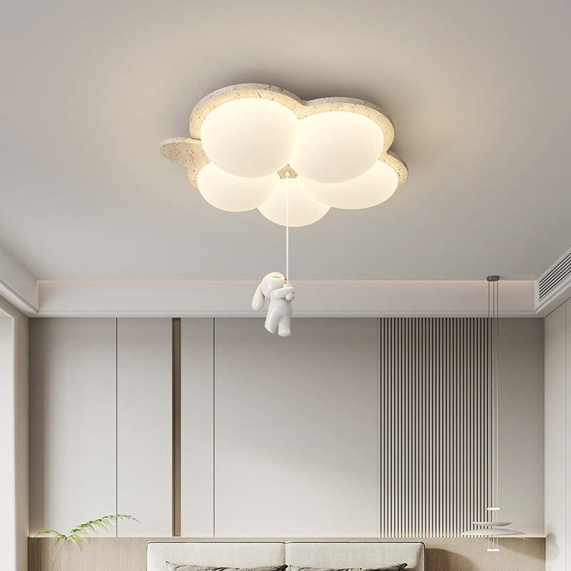 Contemporary Nordic Flower Rabbit Travertine PE LED Flush Mount Ceiling Light For Bedroom