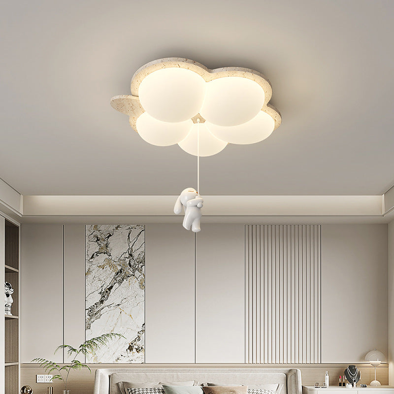 Contemporary Nordic Flower Rabbit Travertine PE LED Flush Mount Ceiling Light For Bedroom