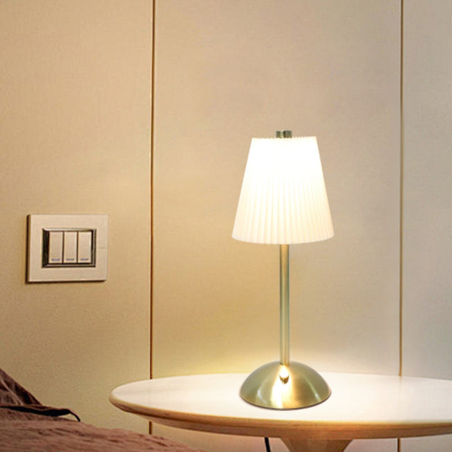 Contemporary Scandinavian Rechargeable Fabric Iron Pleated Cylinder LED Table Lamp For Bedside