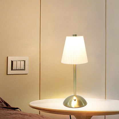 Contemporary Scandinavian Rechargeable Fabric Iron Pleated Cylinder LED Table Lamp For Bedside