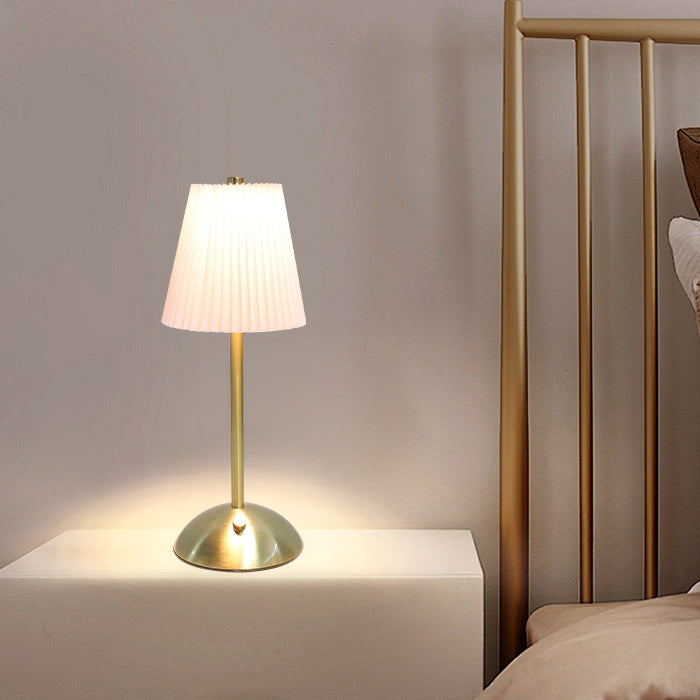 Contemporary Scandinavian Rechargeable Fabric Iron Pleated Cylinder LED Table Lamp For Bedside