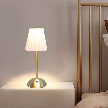 Contemporary Scandinavian Rechargeable Fabric Iron Pleated Cylinder LED Table Lamp For Bedside