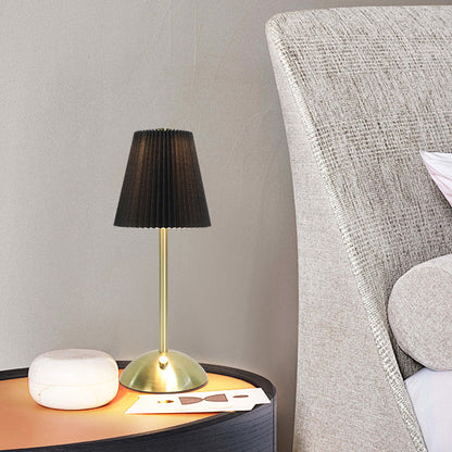Contemporary Scandinavian Rechargeable Fabric Iron Pleated Cylinder LED Table Lamp For Bedside