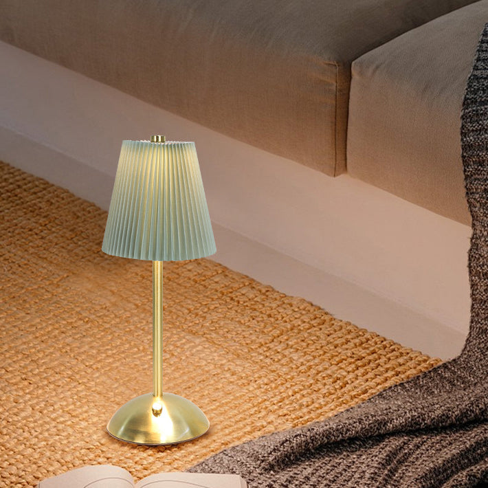 Contemporary Scandinavian Rechargeable Fabric Iron Pleated Cylinder LED Table Lamp For Bedside