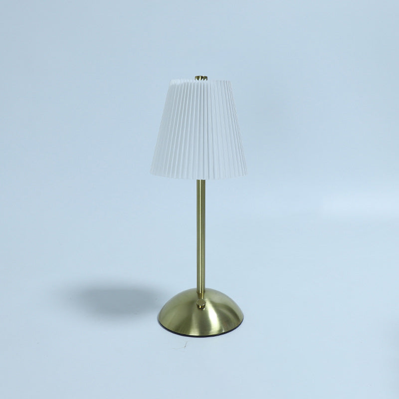 Contemporary Scandinavian Rechargeable Fabric Iron Pleated Cylinder LED Table Lamp For Bedside