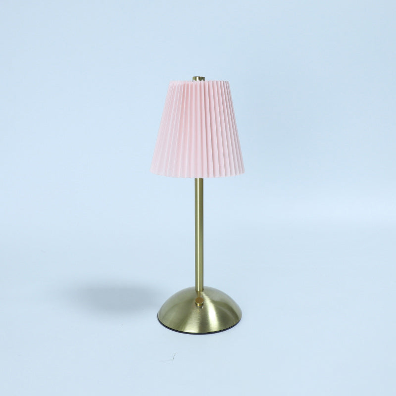 Contemporary Scandinavian Rechargeable Fabric Iron Pleated Cylinder LED Table Lamp For Bedside