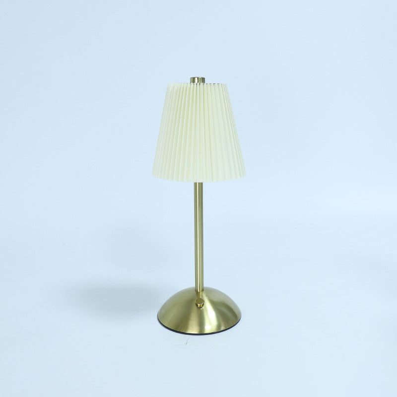 Contemporary Scandinavian Rechargeable Fabric Iron Pleated Cylinder LED Table Lamp For Bedside