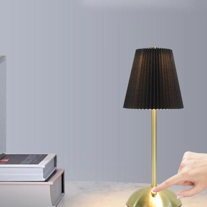 Contemporary Scandinavian Rechargeable Fabric Iron Pleated Cylinder LED Table Lamp For Bedside