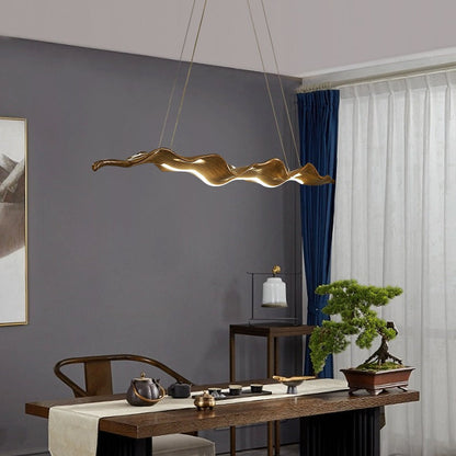 Traditional Japanese Fiberglass Silica Iron Wavey Drift Imitation Wood LED Chandeliers Island Light For Dining Room