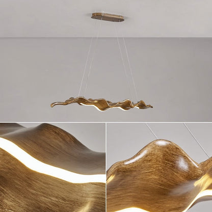 Traditional Japanese Fiberglass Silica Iron Wavey Drift Imitation Wood LED Chandeliers Island Light For Dining Room