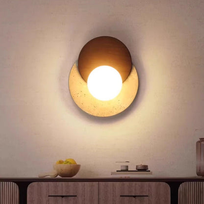Traditional Japanese Travertine Rubber Wood PE Disc 1-Light Wall Sconce Lamp For Hallway