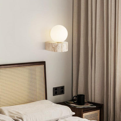 Traditional Japanese Travertine Glass Ball 1-Light Wall Sconce Lamp For Bedside