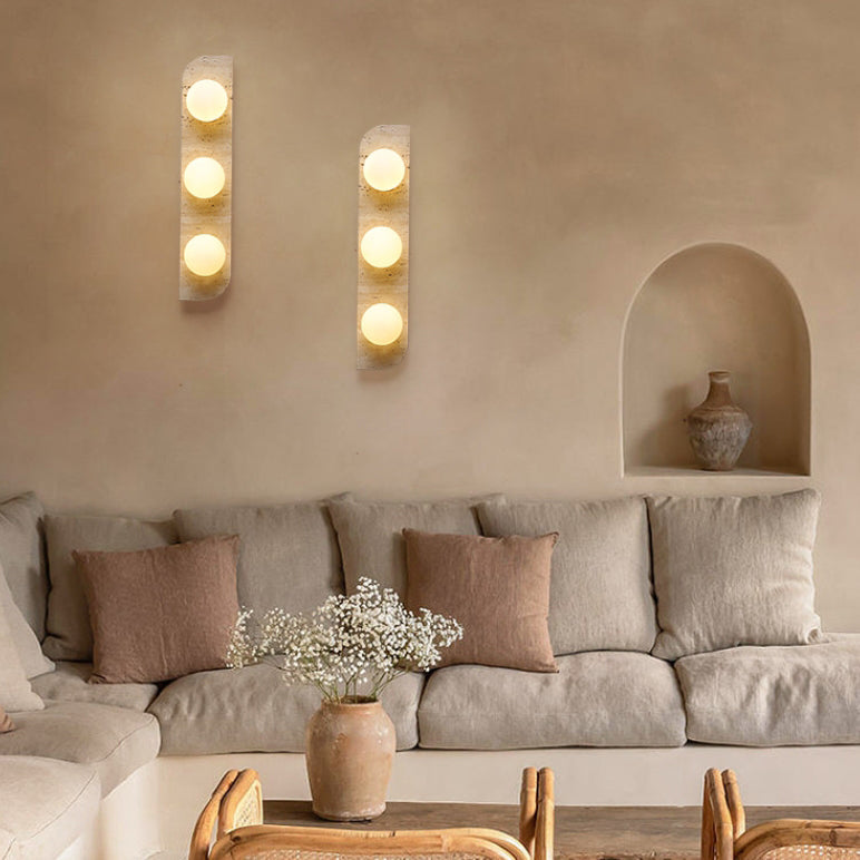 Contemporary Nordic Travertine Glass Strip Ball 1/2/3 Light Wall Sconce Lamp For Hallway