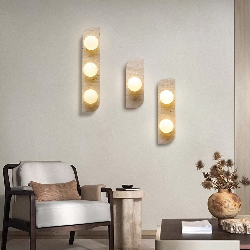 Contemporary Nordic Travertine Glass Strip Ball 1/2/3 Light Wall Sconce Lamp For Hallway