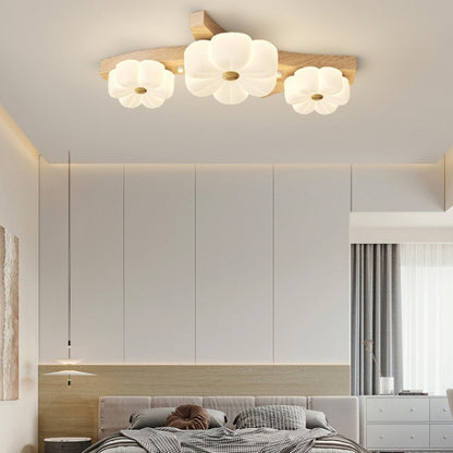 Contemporary Nordic Rubber Wood PE Flower Branch LED Semi-Flush Mount Ceiling Light For Hallway
