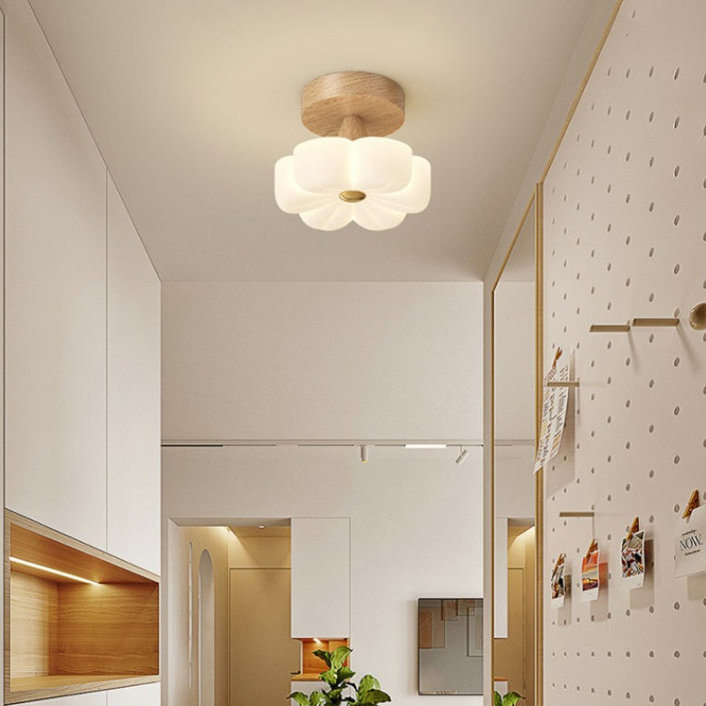 Contemporary Nordic Rubber Wood PE Flower Branch LED Semi-Flush Mount Ceiling Light For Hallway