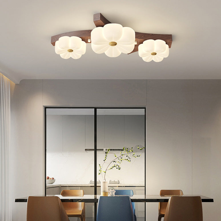 Contemporary Nordic Rubber Wood PE Flower Branch LED Semi-Flush Mount Ceiling Light For Hallway