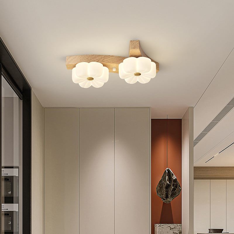 Contemporary Nordic Rubber Wood PE Flower Branch LED Semi-Flush Mount Ceiling Light For Hallway