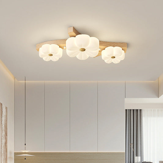 Contemporary Nordic Rubber Wood PE Flower Branch LED Semi-Flush Mount Ceiling Light For Hallway
