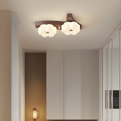 Contemporary Nordic Rubber Wood PE Flower Branch LED Semi-Flush Mount Ceiling Light For Hallway