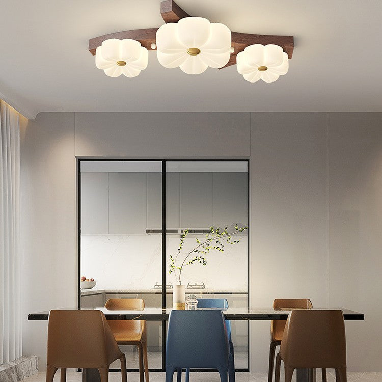 Contemporary Nordic Rubber Wood PE Flower Branch LED Semi-Flush Mount Ceiling Light For Hallway