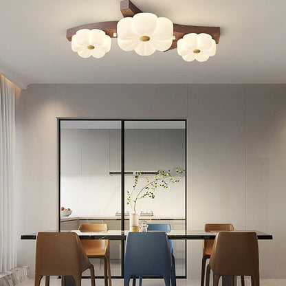 Contemporary Nordic Rubber Wood PE Flower Branch LED Semi-Flush Mount Ceiling Light For Hallway