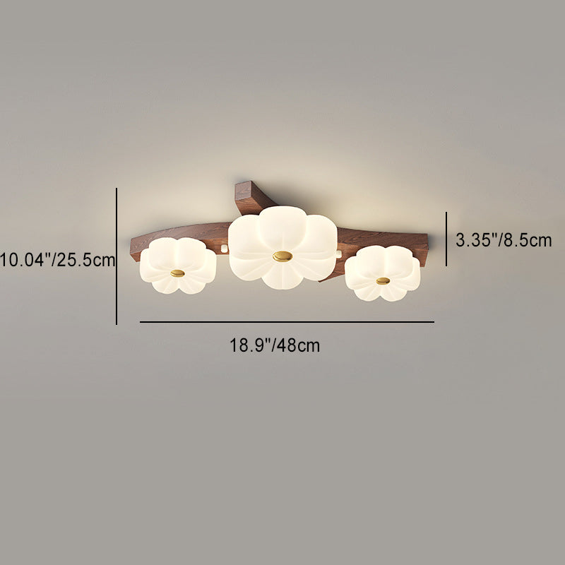 Contemporary Nordic Rubber Wood PE Flower Branch LED Semi-Flush Mount Ceiling Light For Hallway