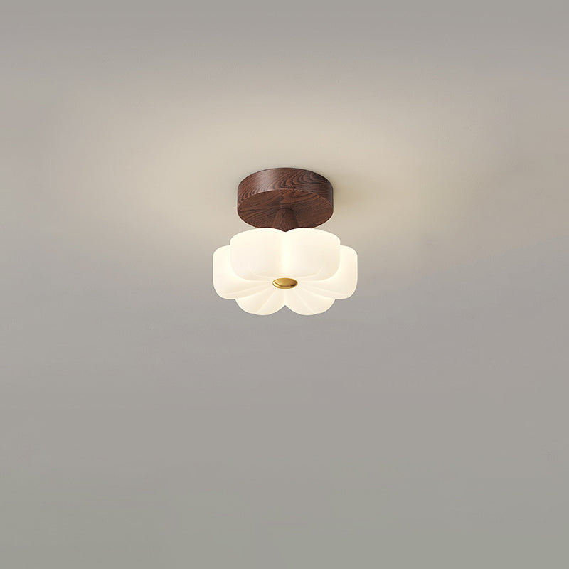 Contemporary Nordic Rubber Wood PE Flower Branch LED Semi-Flush Mount Ceiling Light For Hallway