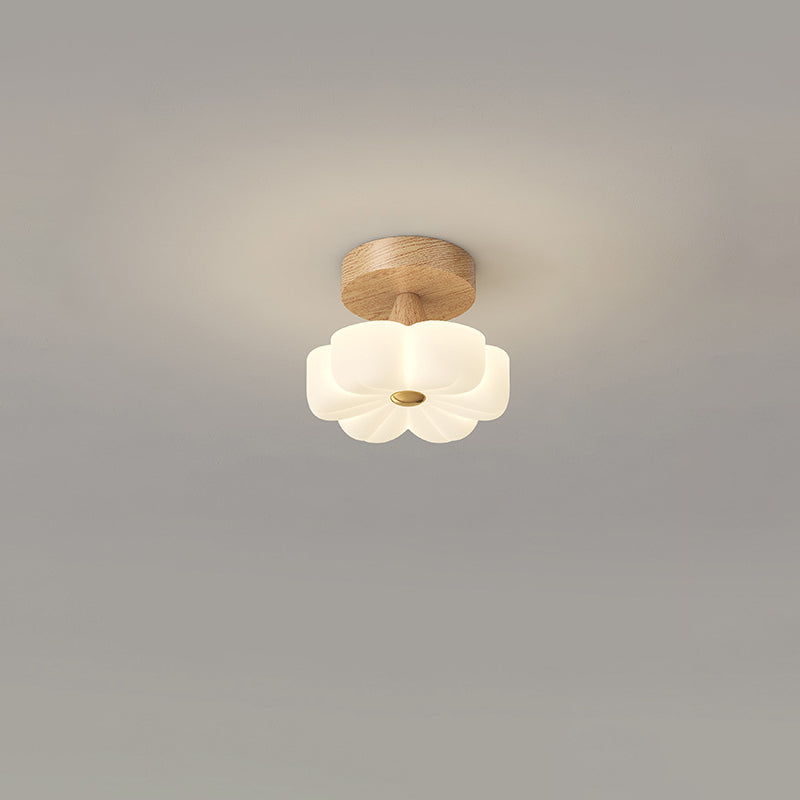 Contemporary Nordic Rubber Wood PE Flower Branch LED Semi-Flush Mount Ceiling Light For Hallway