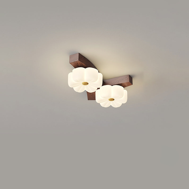 Contemporary Nordic Rubber Wood PE Flower Branch LED Semi-Flush Mount Ceiling Light For Hallway