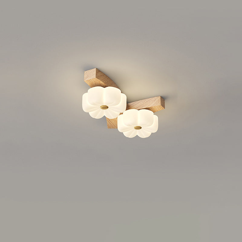 Contemporary Nordic Rubber Wood PE Flower Branch LED Semi-Flush Mount Ceiling Light For Hallway