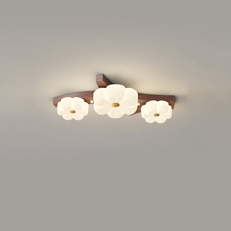 Contemporary Nordic Rubber Wood PE Flower Branch LED Semi-Flush Mount Ceiling Light For Hallway
