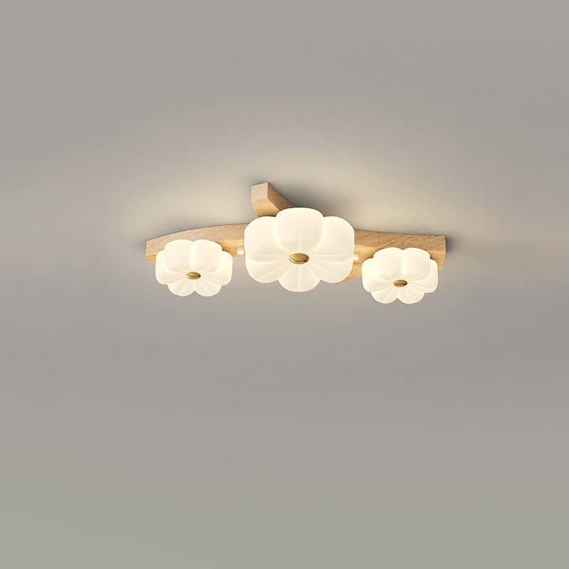 Contemporary Nordic Rubber Wood PE Flower Branch LED Semi-Flush Mount Ceiling Light For Hallway