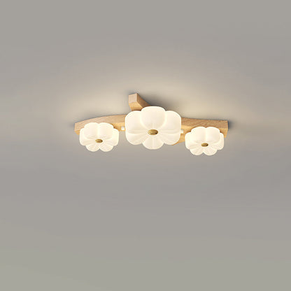 Contemporary Nordic Rubber Wood PE Flower Branch LED Semi-Flush Mount Ceiling Light For Hallway