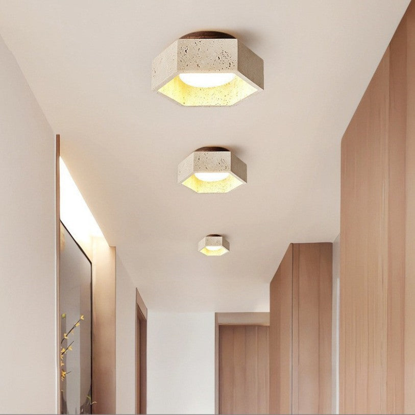 Traditional Japanese Travertine Hexagon 1-Light Semi-Flush Mount Ceiling Light For Hallway