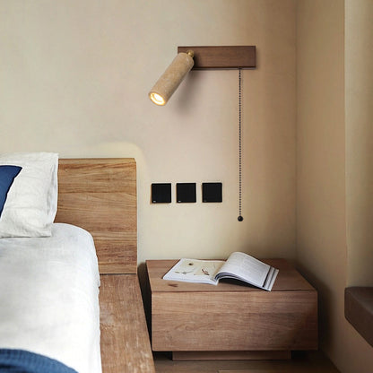 Contemporary Retro Travertine Wood Rectangular Adjustable Spotlight Pull Chain LED Wall Sconce Lamp For Bedside