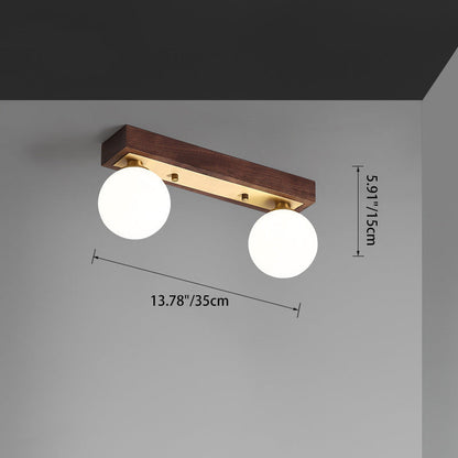 Contemporary Scandinavian Walnut Brass Glass Ball Rectangular Base 2/3 Light Semi-Flush Mount Ceiling Light For Hallway