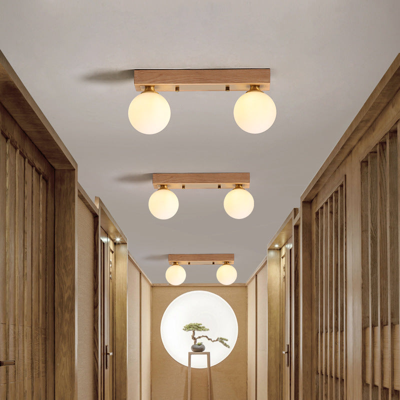 Contemporary Scandinavian Walnut Brass Glass Ball Rectangular Base 2/3 Light Semi-Flush Mount Ceiling Light For Hallway