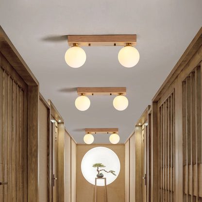 Contemporary Scandinavian Walnut Brass Glass Ball Rectangular Base 2/3 Light Semi-Flush Mount Ceiling Light For Hallway