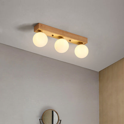 Contemporary Scandinavian Walnut Brass Glass Ball Rectangular Base 2/3 Light Semi-Flush Mount Ceiling Light For Hallway