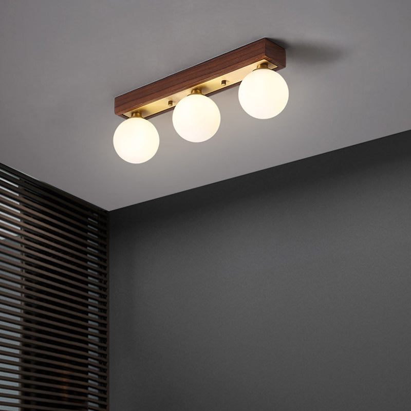 Contemporary Scandinavian Walnut Brass Glass Ball Rectangular Base 2/3 Light Semi-Flush Mount Ceiling Light For Hallway