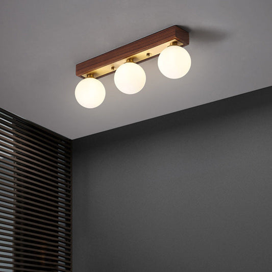 Contemporary Scandinavian Walnut Brass Glass Ball Rectangular Base 2/3 Light Semi-Flush Mount Ceiling Light For Hallway
