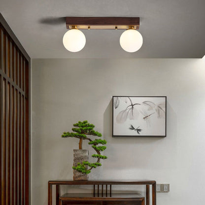 Contemporary Scandinavian Walnut Brass Glass Ball Rectangular Base 2/3 Light Semi-Flush Mount Ceiling Light For Hallway