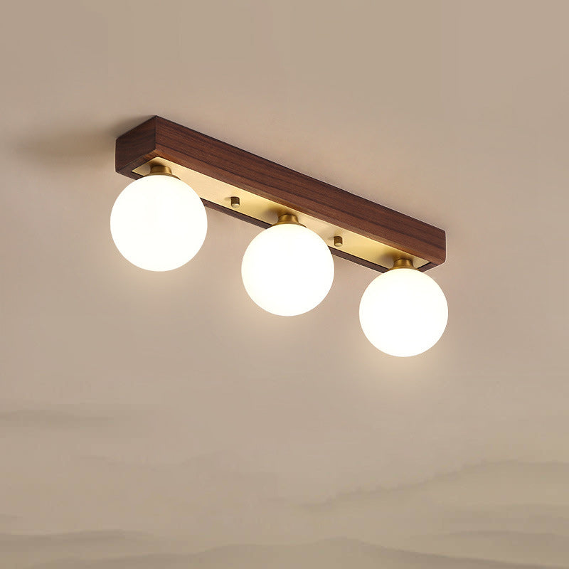 Contemporary Scandinavian Walnut Brass Glass Ball Rectangular Base 2/3 Light Semi-Flush Mount Ceiling Light For Hallway