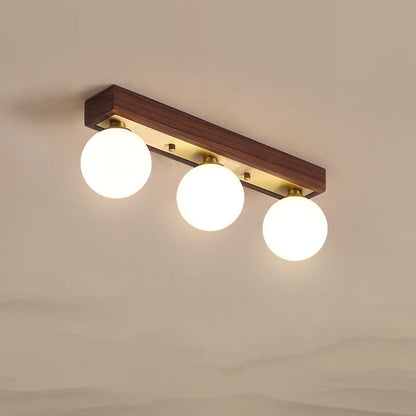 Contemporary Scandinavian Walnut Brass Glass Ball Rectangular Base 2/3 Light Semi-Flush Mount Ceiling Light For Hallway